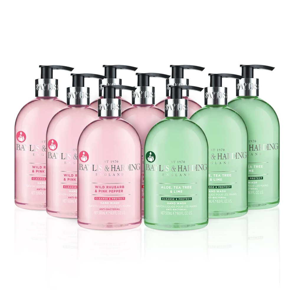 Baylis & Harding Anti-Bacterial Hand Wash Bundle: 6 x 500 ml Rhubarb & Pink Pepper & 3 x 500 ml Aloe, Tea Tree & Lime (9 bottles) - Vegan Friendly