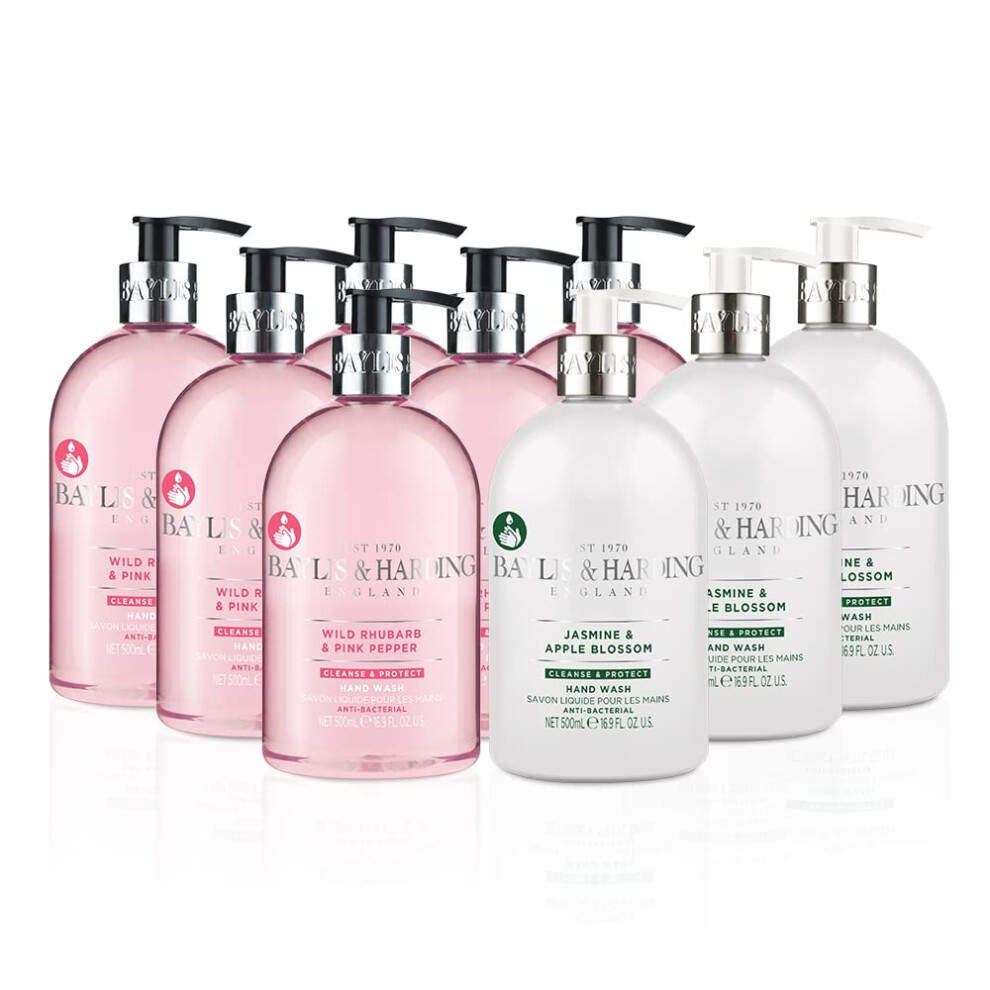 Baylis & Harding Anti-Bacterial Hand Wash Bundle: 6 x 500 ml Rhubarb & Pink Pepper & 3 x 500 ml Jasmine & Apple Blossom (9 bottles) - Vegan Friendly