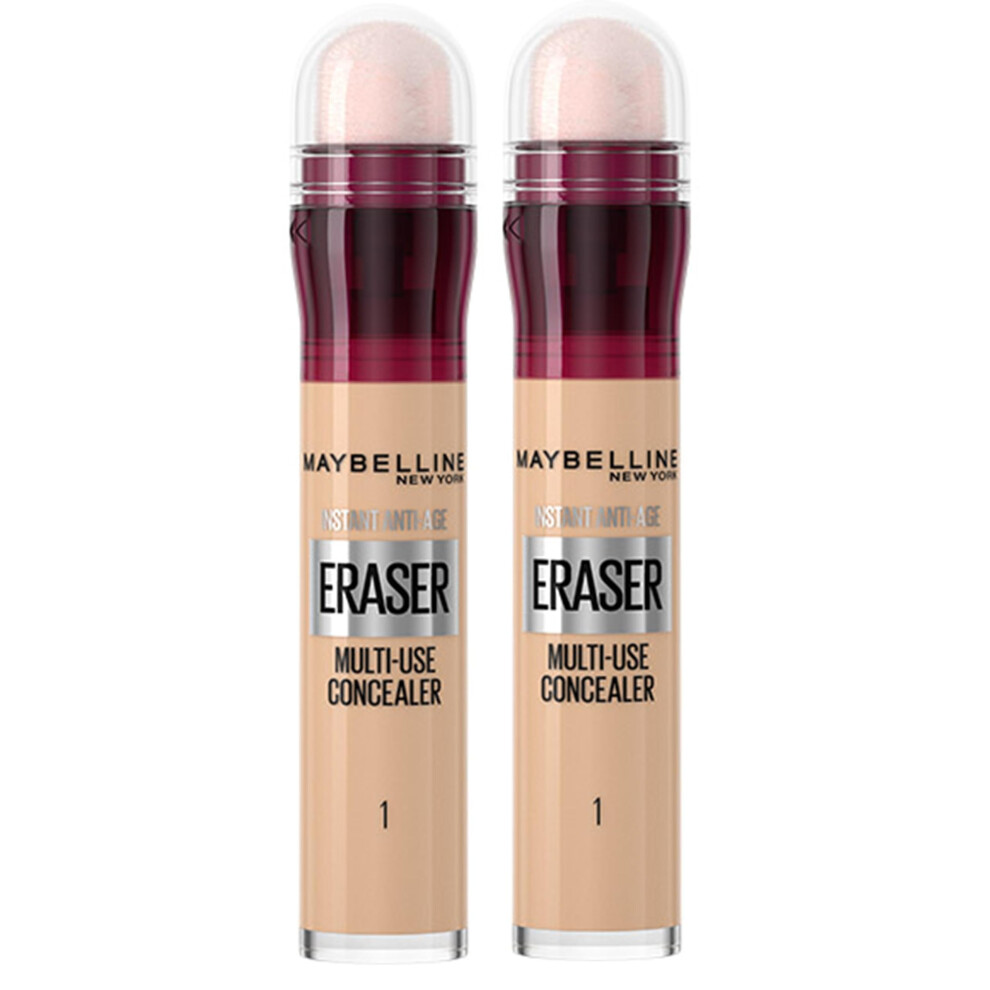 Maybelline Instant Anti Age Eraser Eye Concealer, Dark Circles and Blemish Concealer, Ultra Blendable Formula, 01 Light, Duo Bundle