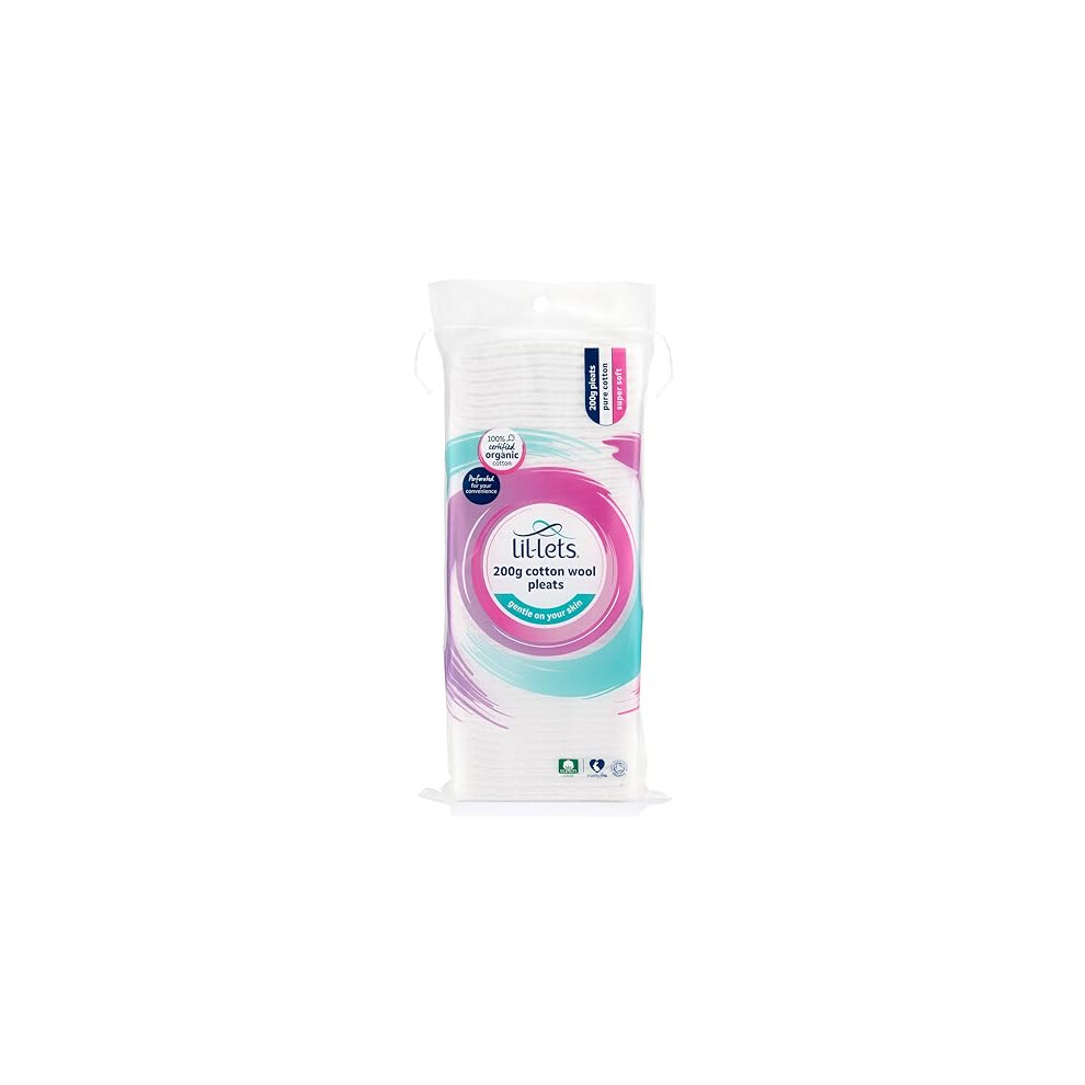 Lil-Lets Cotton Wool Pleats, 200g, Certified Organic, 100% Pure Cotton Wool, Soft and Absorbent, Gentle on Skin, Dermatologically Tested