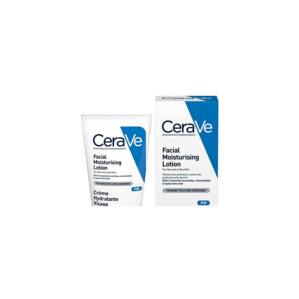 CeraVe PM Daily Facial Moisturiser Lotion for Normal to Dry Skin 52ml with Niacinamide and 3 Essential Ceramides