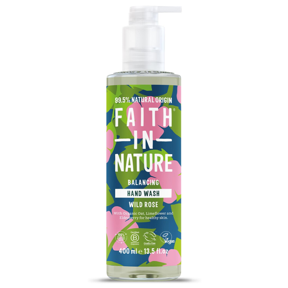 Faith In Nature Natural Wild Rose Liquid Hand Wash, Balancing, Vegan and Cruelty Free, No SLS or Parabens, 400 ml