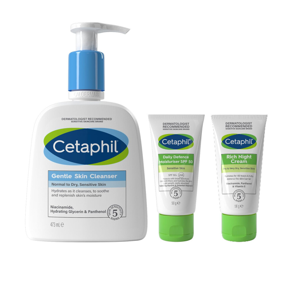 Cetaphil Sensitive Skin Daily Essentials Skincare Set, Gentle Skin Cleanser 236ml + Daily Defence SPF 50 Moisturiser 50g + Rich Night Cream 50g