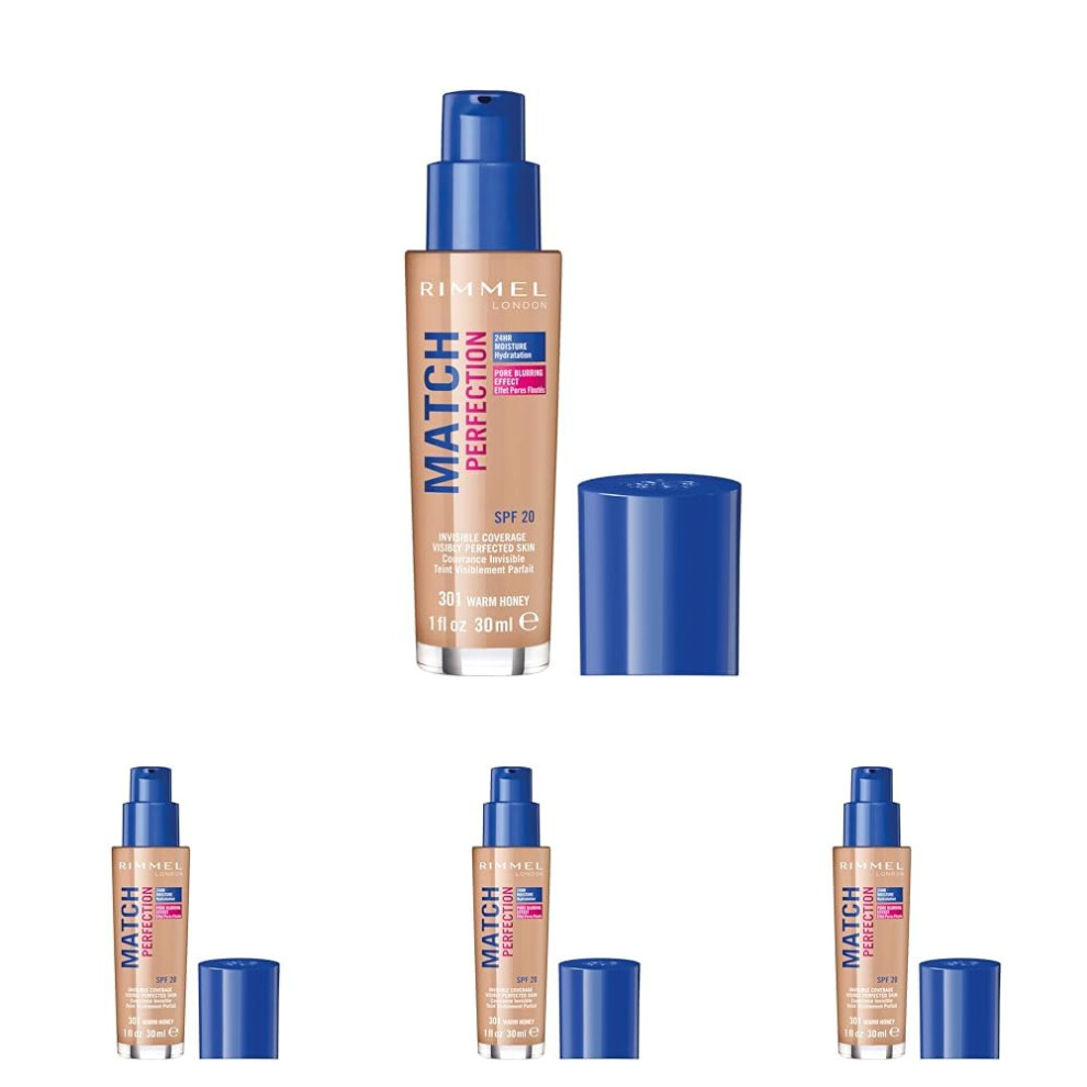 Rimmel Match Perfection Foundation, SPF 20, 301 Warm Honey, 30 ml (Pack of 4)