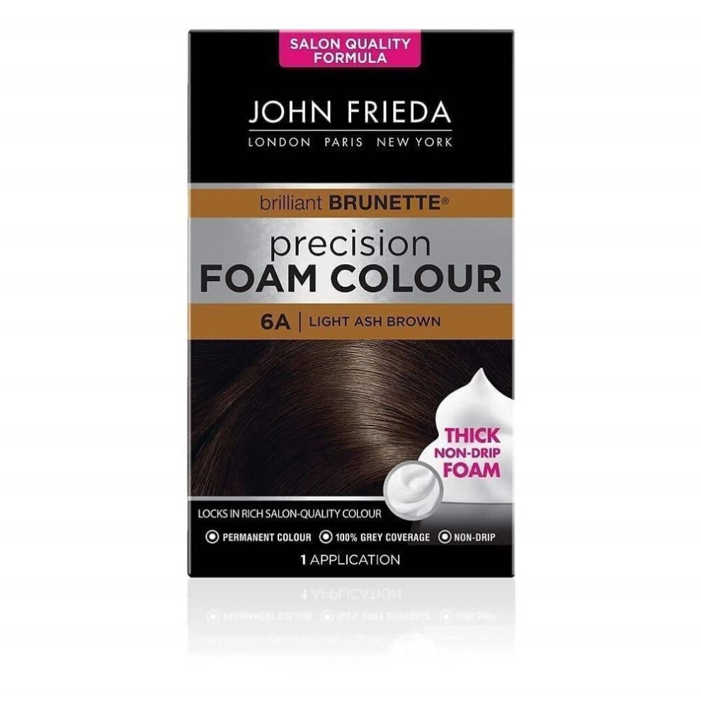 John Frieda Precision Foam Colour 6A, Salon Finish Hair Dye, 100 Percent Grey Coverage, Light Ash Brown