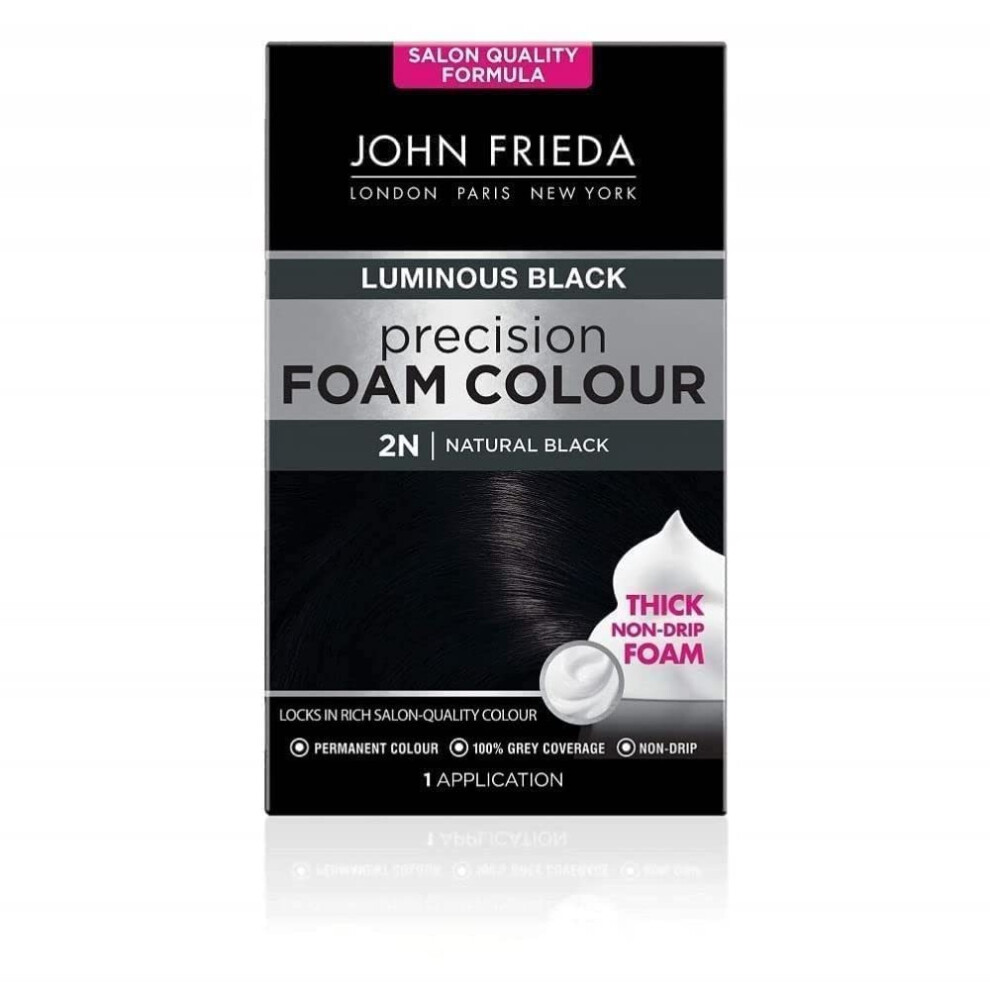 John Frieda Precision Foam Colour 2N, Luminous Natural Black, Salon-Finish Permanent Black Hair Dye, Black Hair Colour, 100% Grey Coverage