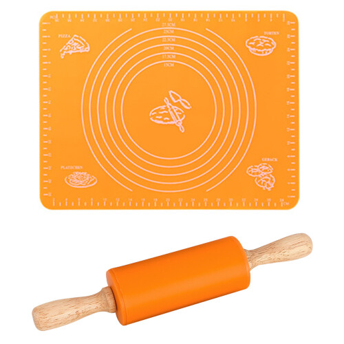 Silicone dough mat baking mat 40  30cm with rolling pin dough roller, roll-out mat non-stick coated