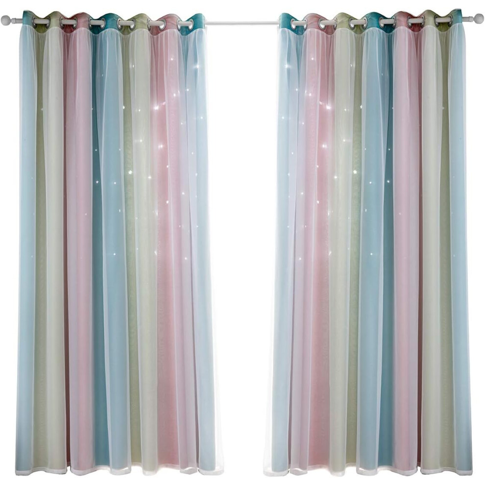 Blackout Curtains Blackout Stars Kids Curtains With Sheer Voile, Colorful Double Layer?134X160cm? White Yohou