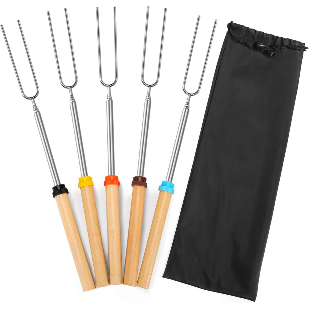 Marshmallow Roasting Sticks Smores Skewers For Fire Pit 5Pcs 32Inch Telescoping Sausage Bbq Hot Dog Forks