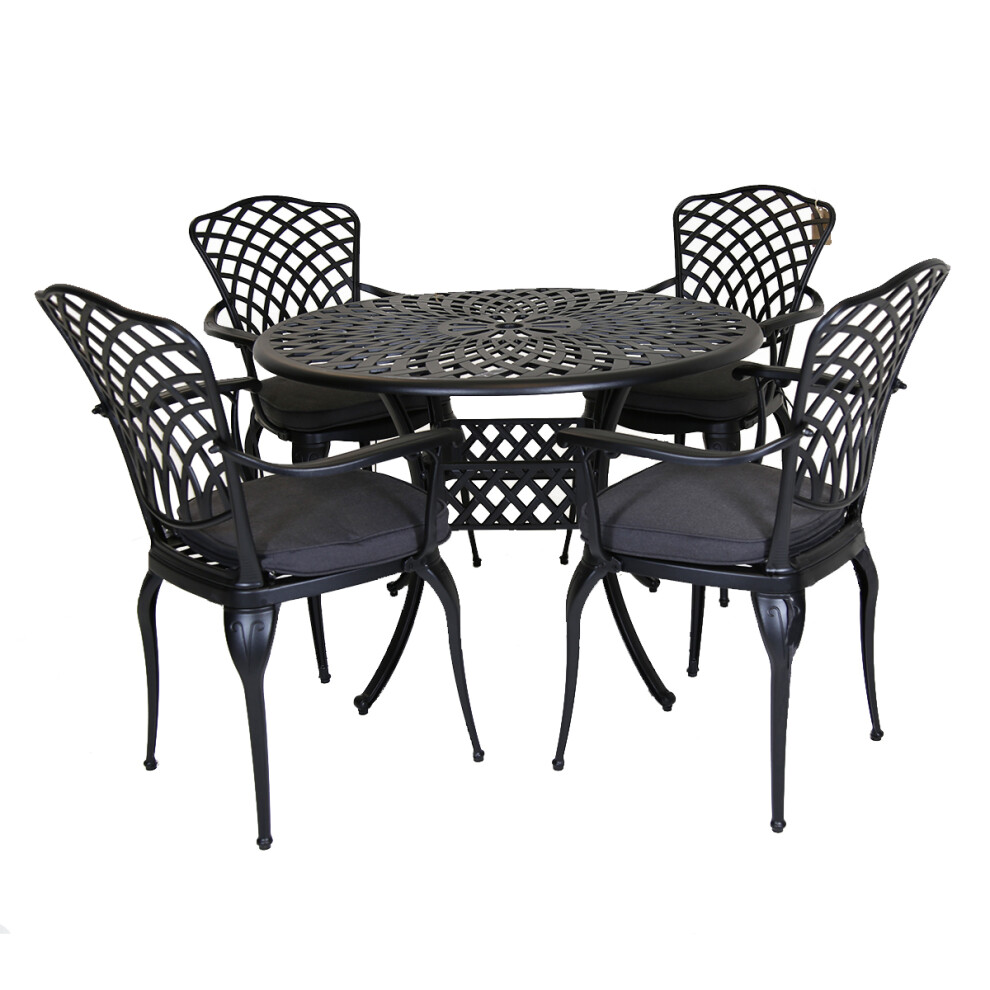 Charles Bentley Cast Aluminium Dining Round Table and 4 Chairs Set in Black Outdoor Table with Dark Grey Cushions