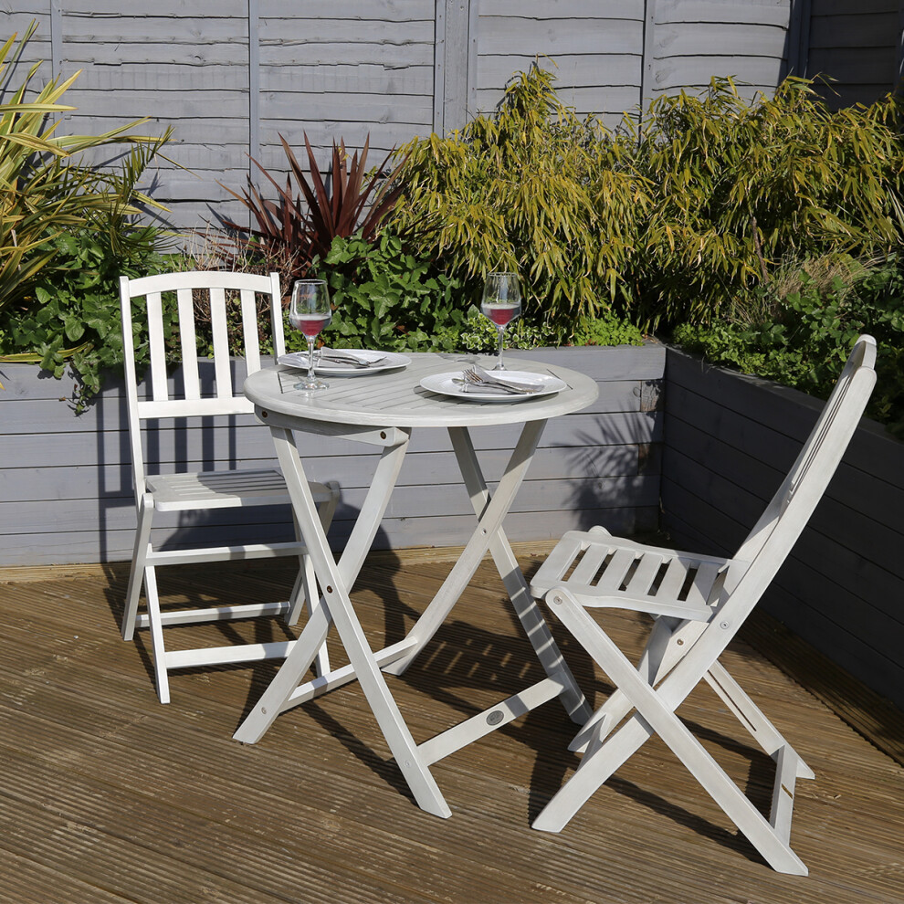 Charles Bentley Acacia FSC White Washed Wooden Outdoor Garden Patio Bistro Set - Table with 2 Chairs