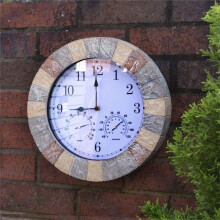 Sandstone Slate Effect 13 Inch Outdoor and Indoor Wall Clock with Thermometer & Hygrometer