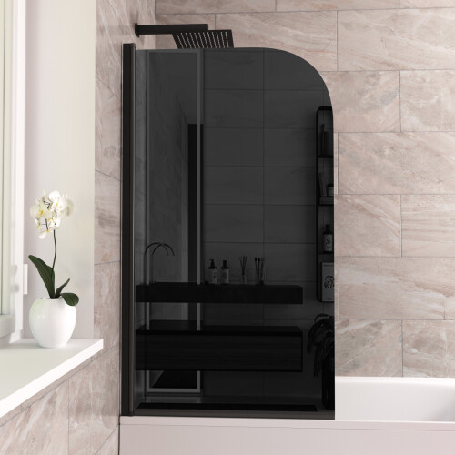 NES Home Curved Bath Screen Matt Black Profile Black With Glass Reversible