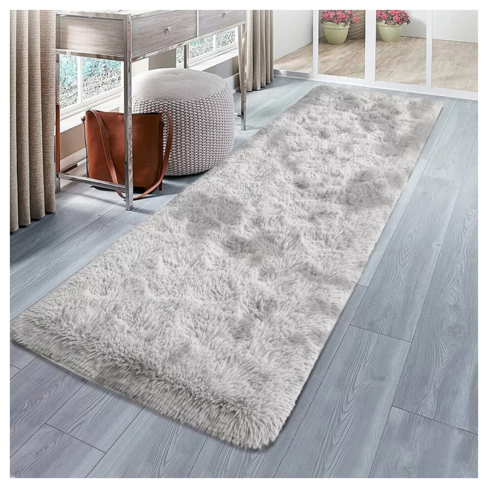 (80cm x 300 cm (2 ft 6 in x 10 ft)- Extra Large Runner Rug) Non Slip Rugs Fluffy Shaggy Silver Rug Runner Mat