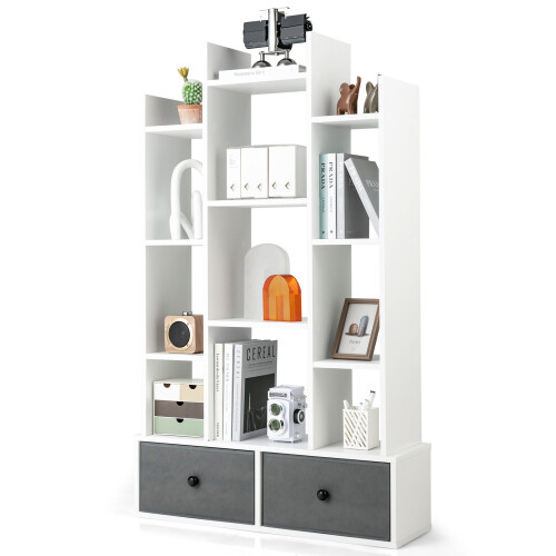 Costway Open-Back Bookshelf Wood Standing Bookcase 12 Compartments W/ Drawers