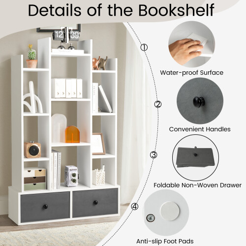 Costway Open-Back Bookshelf Wood Standing Bookcase 12 Compartments W/ Drawers 2