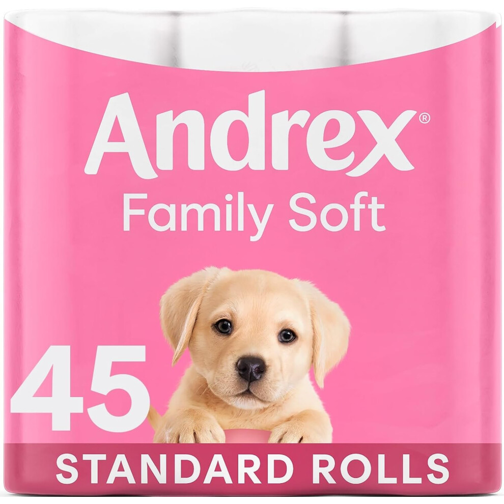 Andrex Family Soft Toilet Tissue 45 Standard Toilet Rolls Gentle on your Family skin Fmily Pack of 45 Toilet Rolls, Packaging May Vary