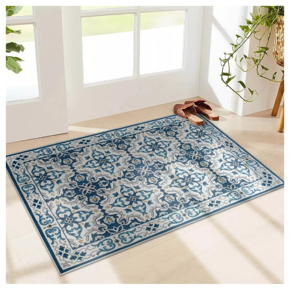 (40 X 60 cm (1 ft 3 in x 1 ft 9 in)- Small Doormats/Bath Mat) Blue Rugs Non Slip Traditional Carpet Rug Runner Mat
