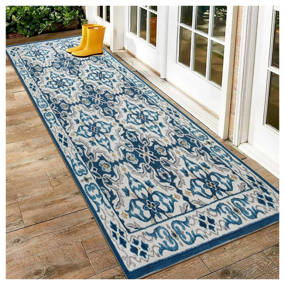 (60 x 110 cm (2 ft x 3 ft 7 in)- Large Doormats/Bath) Blue Rugs Non Slip Traditional Carpet Rug Runner Mat