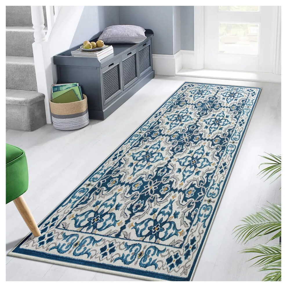 (80 x 150 cm (2 ft 6 in x 5 ft)- Large Runner Rug) Blue Rugs Non Slip Traditional Carpet Rug Runner Mat