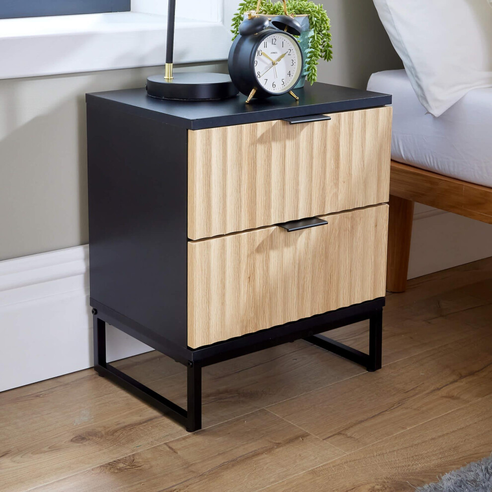 Modern Black Wood Bedside Cabinet 2 Drawers Bedroom Table Furniture