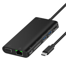 Onten 9591BD 8-in-1 USB-C Hub: PD Charging, Ethernet, USB 3.0, HDMI, VGA, SD Card, AUX (Black)