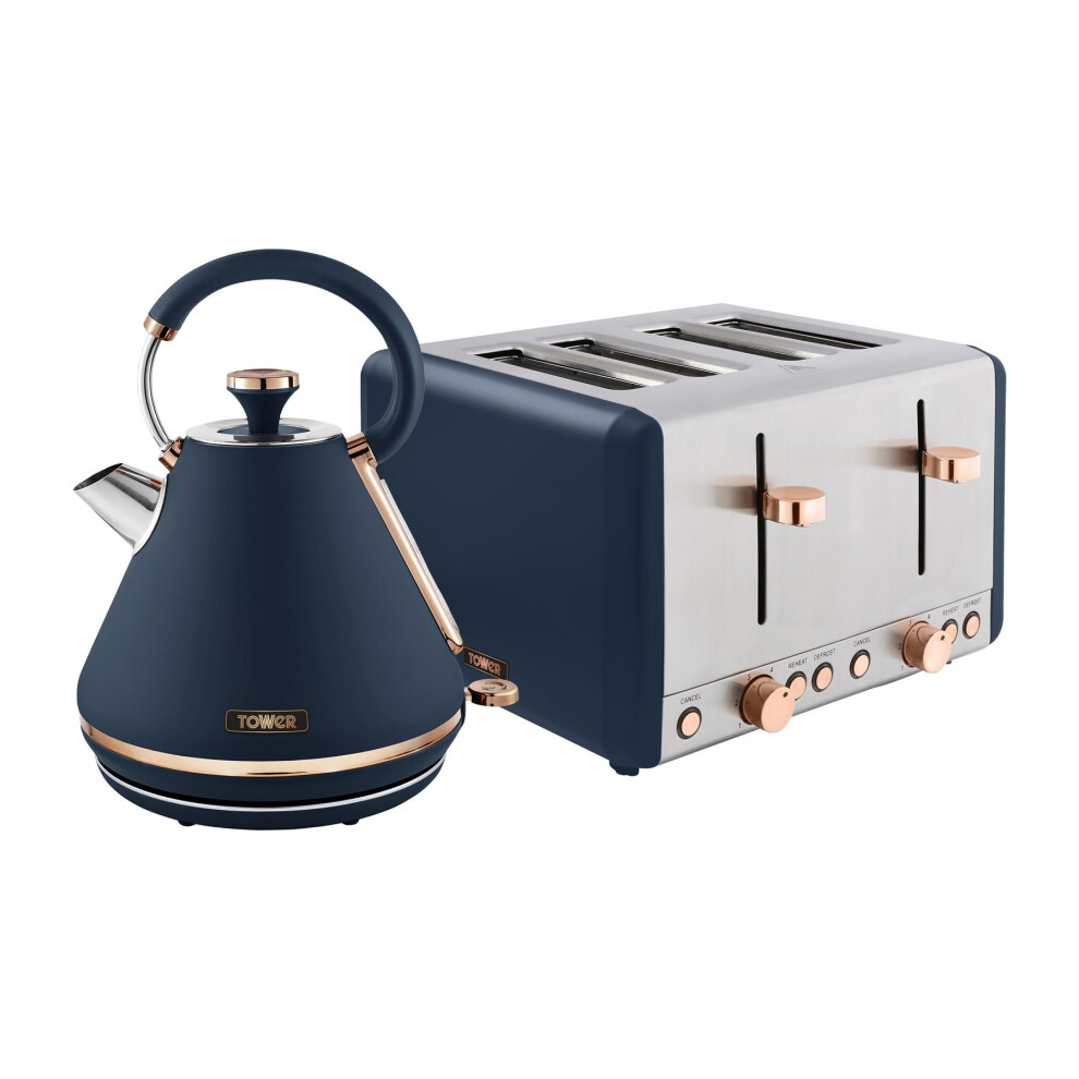 Tower Cavaletto Kitchen Set, 1.7L Rapid Boil Kettle & 4 Slice Toaster, Midnight Blue and Rose Gold, T10044MNB, T20051MNB