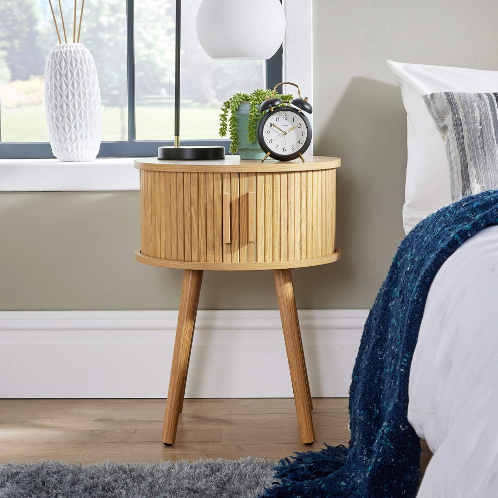 Round Oak Wood Bedside Table Compact Bedroom Furniture Unit