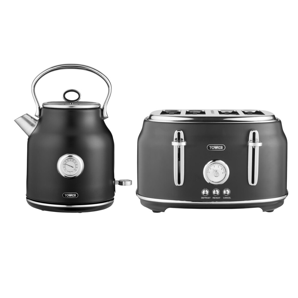 Tower Renaissance Kitchen Set, 1.7L Quite Boil Kettle & 4 Slice Toaster, Black, T10063BLK, T20065BLK