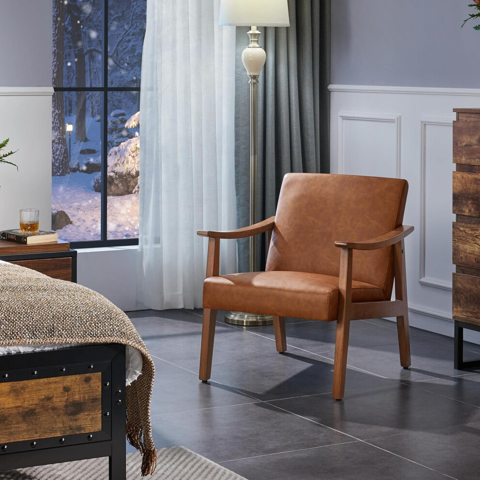 (Light Brown) Solid PU Leather Mid-Century Modern Accent Chair
