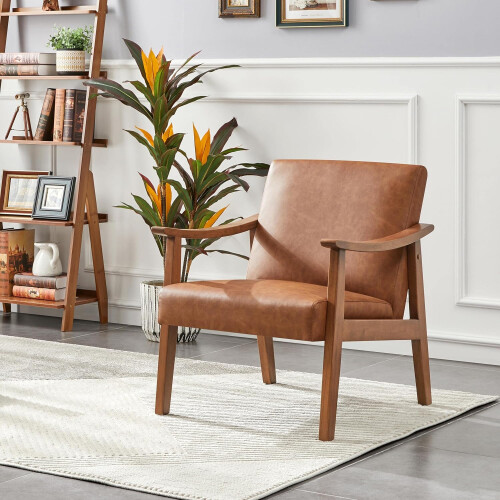 (Light Brown) Solid PU Leather Mid-Century Modern Accent Chair 2