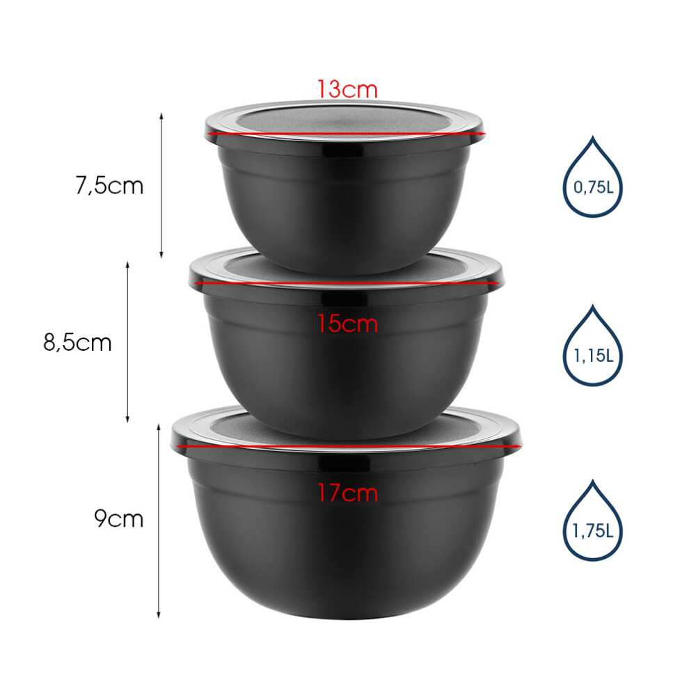 (0.75L + 1.15L + 1.75L) Bowls with Lid for Mixing Stainless Steel Set of 3