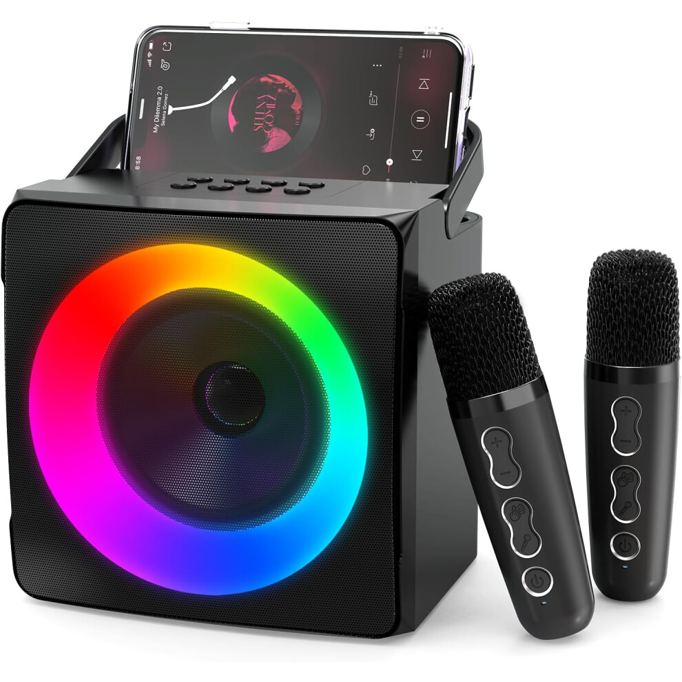 (Black) Karaoke Machine with Two Wireless Microphones, Portable Karaoke Machine for Adults and Kids and Dynamic Lights for Girls Boys Family Party