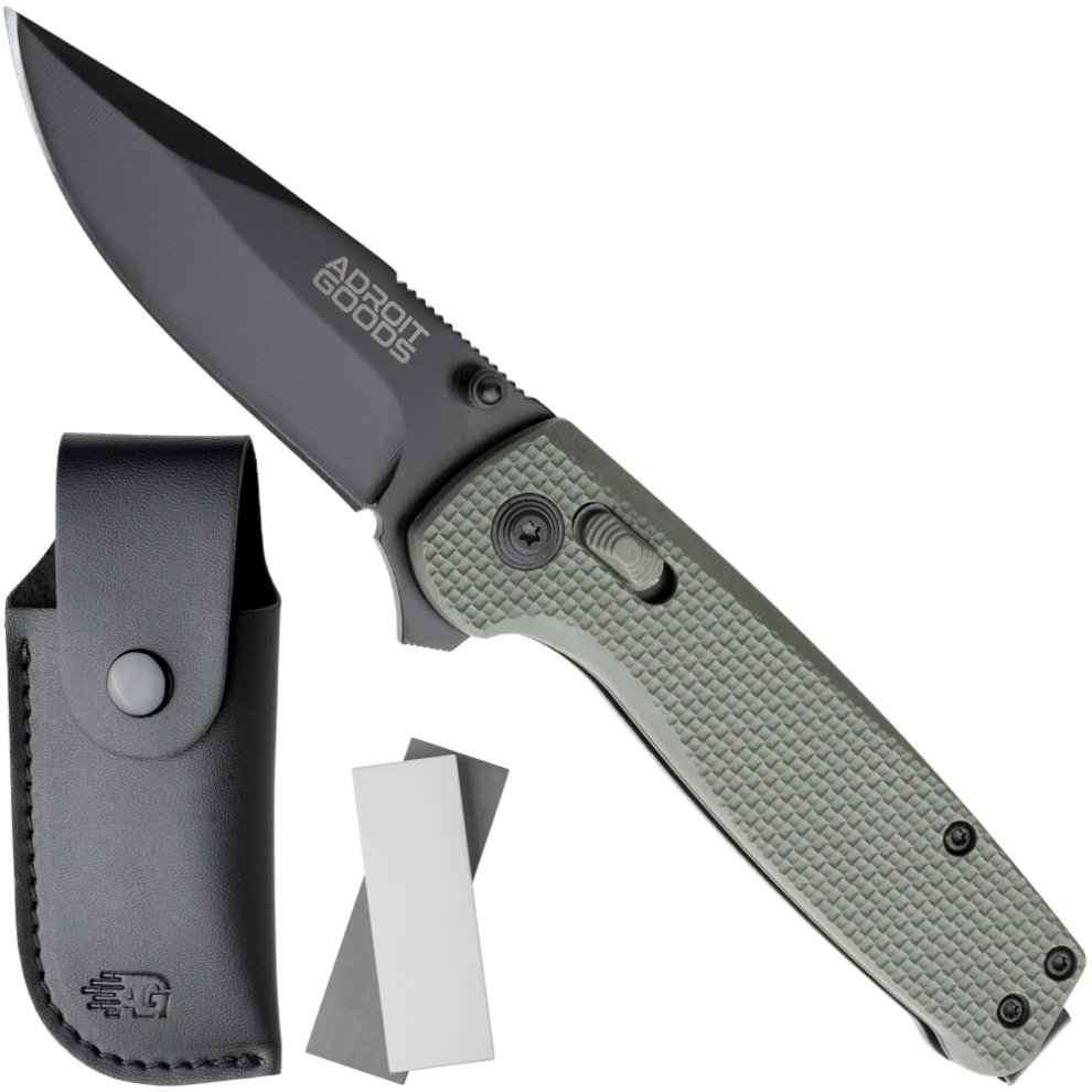 (Olive Green) AdroitGoods Survival Pocket Knife Outdoor - G10 Handle & D2 Steel - G10