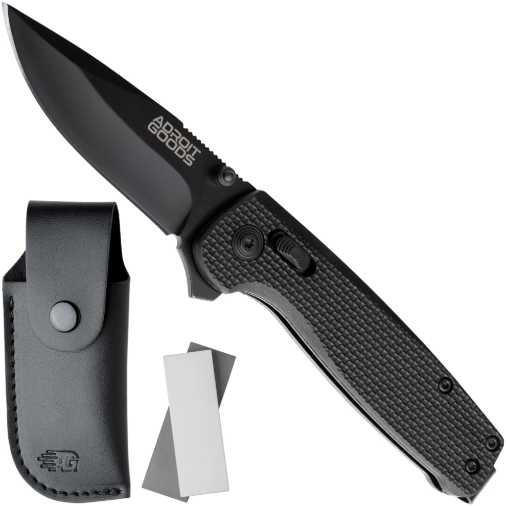 (Black) AdroitGoods Survival Pocket Knife Outdoor - G10 Handle & D2 Steel - G10