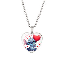 (StyleO, Stainless Steel Chain) Adorable Stitch Cartoon Heart Necklace For Kids With Stunning Glass Pendant And Alloy Chain