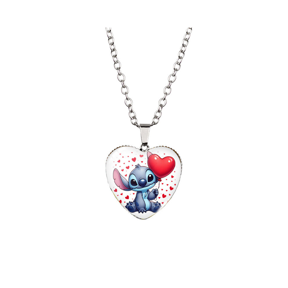 (StyleO, Stainless Steel Chain) Adorable Stitch Cartoon Heart Necklace For Kids With Stunning Glass Pendant And Alloy Chain