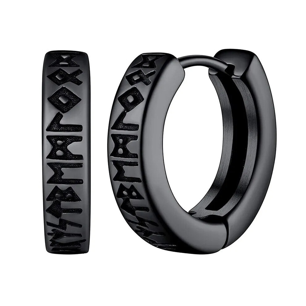 (Black) Stainless Steel Norwegian Viking Rune Hoop Earrings Unisex