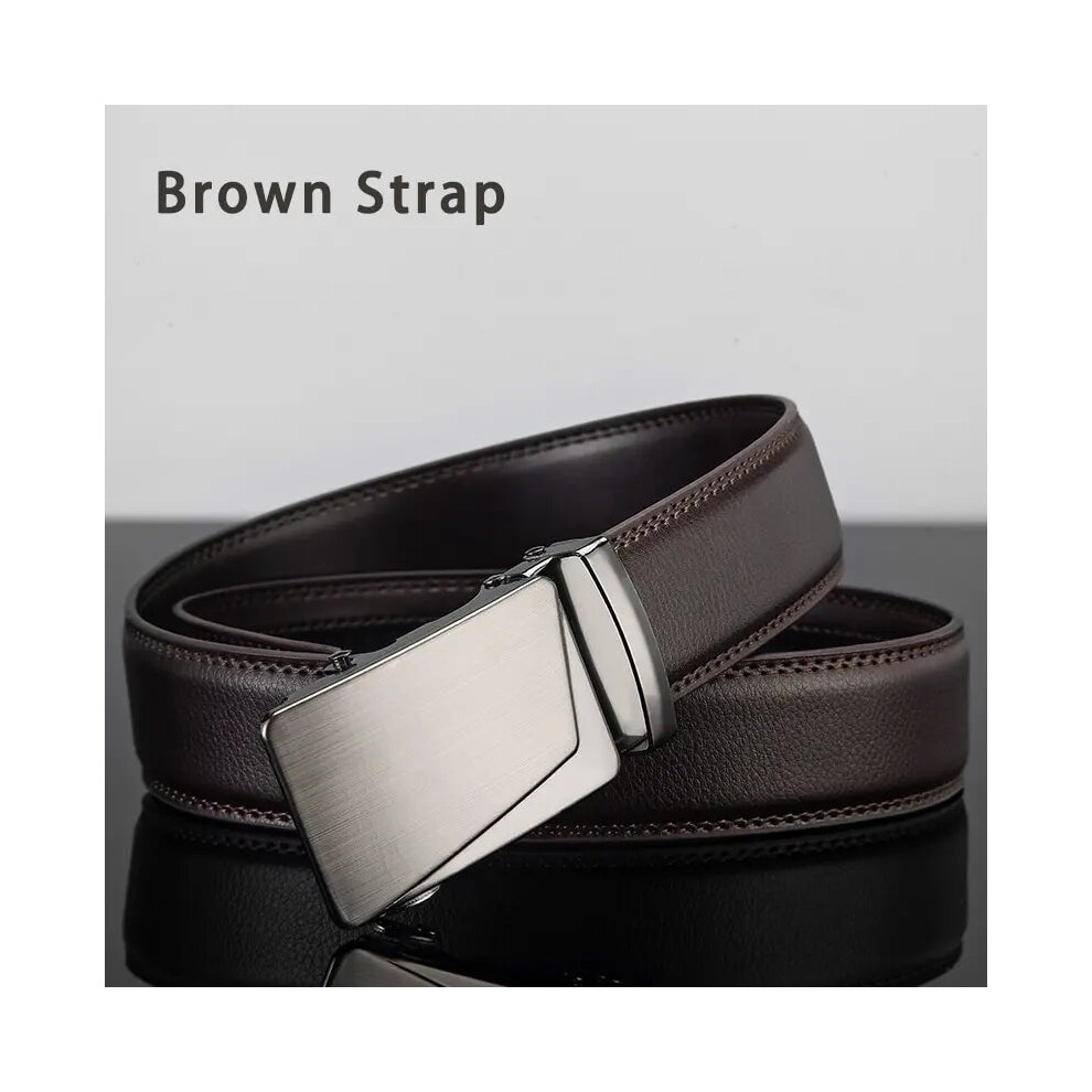 (115cm, Brown) Mens Leather Belt Metal Automatic Buckle