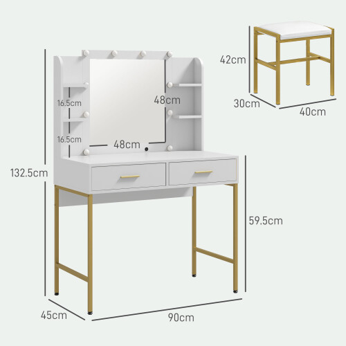 Homcom HOMCOM Makeup Vanity Desk Set with Lighted Mirror, Stool, Drawers, White 1