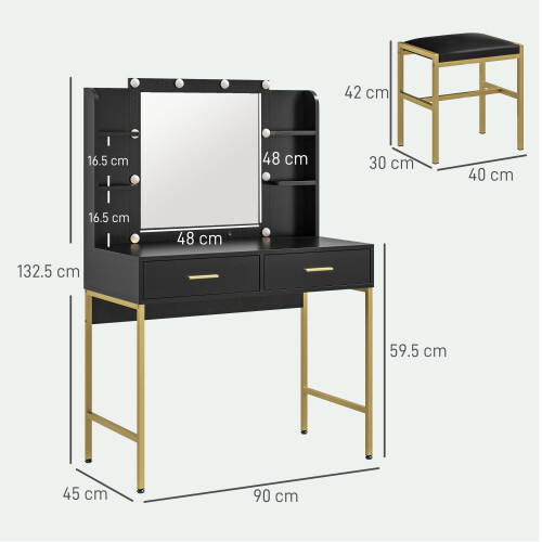 Homcom HOMCOM Makeup Vanity Desk Set with Lighted Mirror, Stool, Drawers, Black 1