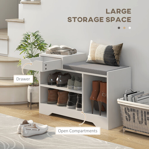 Homcom HOMCOM Upholstered Entryway Shoe Bench with Storage Drawer Open Shelf White 2