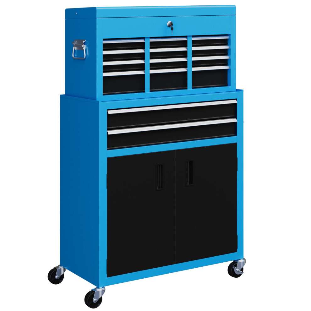 HOMCOM Top Chest And Roller Cabinet Combo Metal Tool Cabinet On Wheels Blue