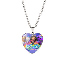 (XXXL5111, Stainless Steel Chain) Gabbys Dollhouse Adorable Heart Pendant Necklace Trendy Gemstone Alloy Design For All