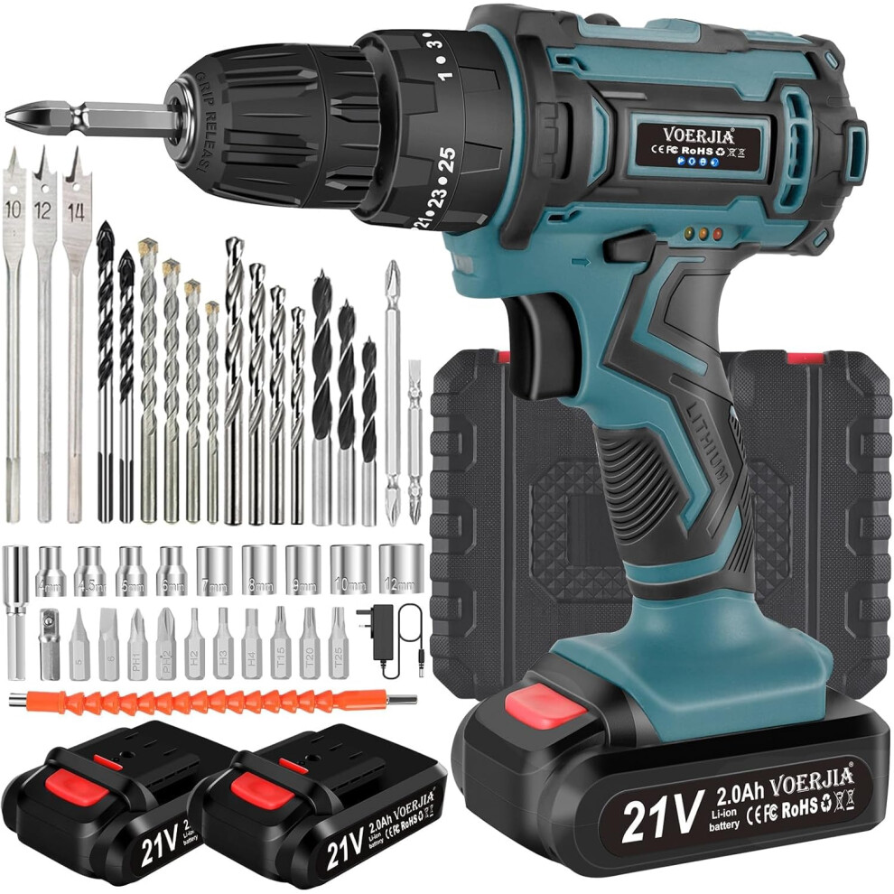 Cordless drill, Cordless drill with 2 2000mAh batteries, 45Nm max hammer drill, 25+3 torque drill, 3/8' chuck, 2 tips LED Combi drill