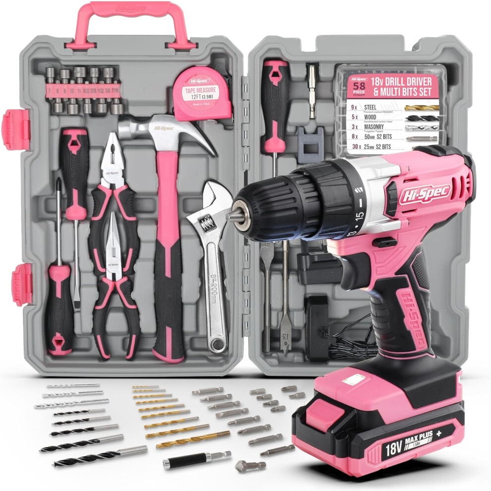 (Pink) 81 Piece Pink 18V Cordless Electric Drill Set for DIY Projects