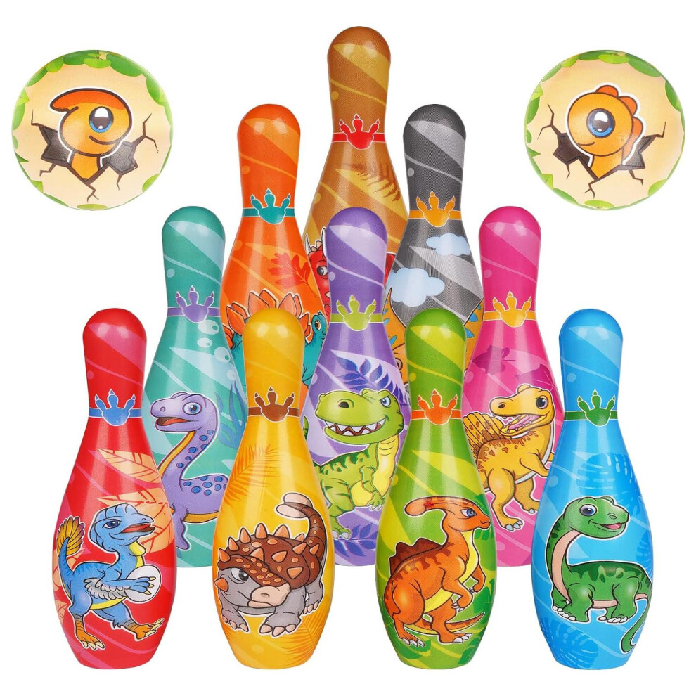 The Magic Toy Shop Kids Bowling Set Dinosaur Theme Skittles Game Soft Foam Toy 10 Pins & 2 Balls