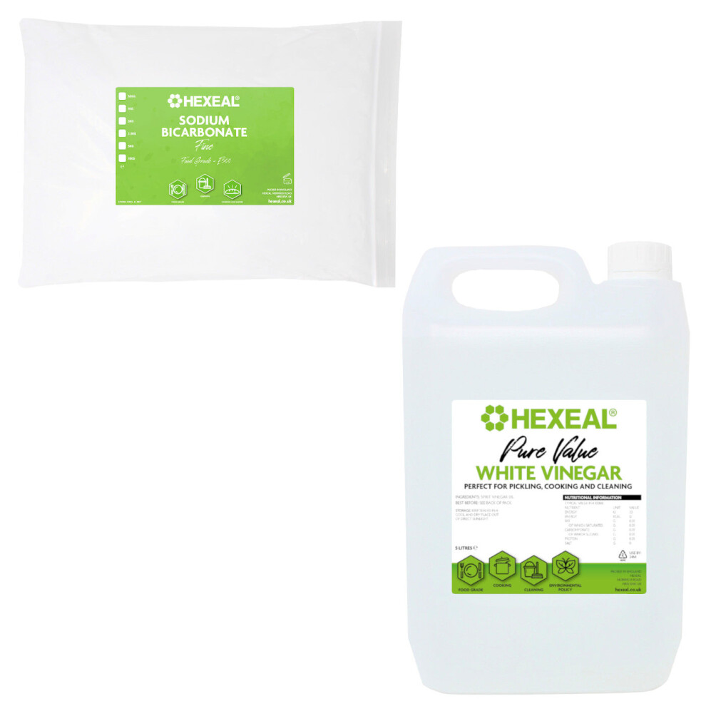 Hexeal Cleaning Kit Pure Value White Vinegar 5L & Sodium Bicarbonate 1 X 5kg Bag Cleans Surfaces, Deodorises & Removes Grime