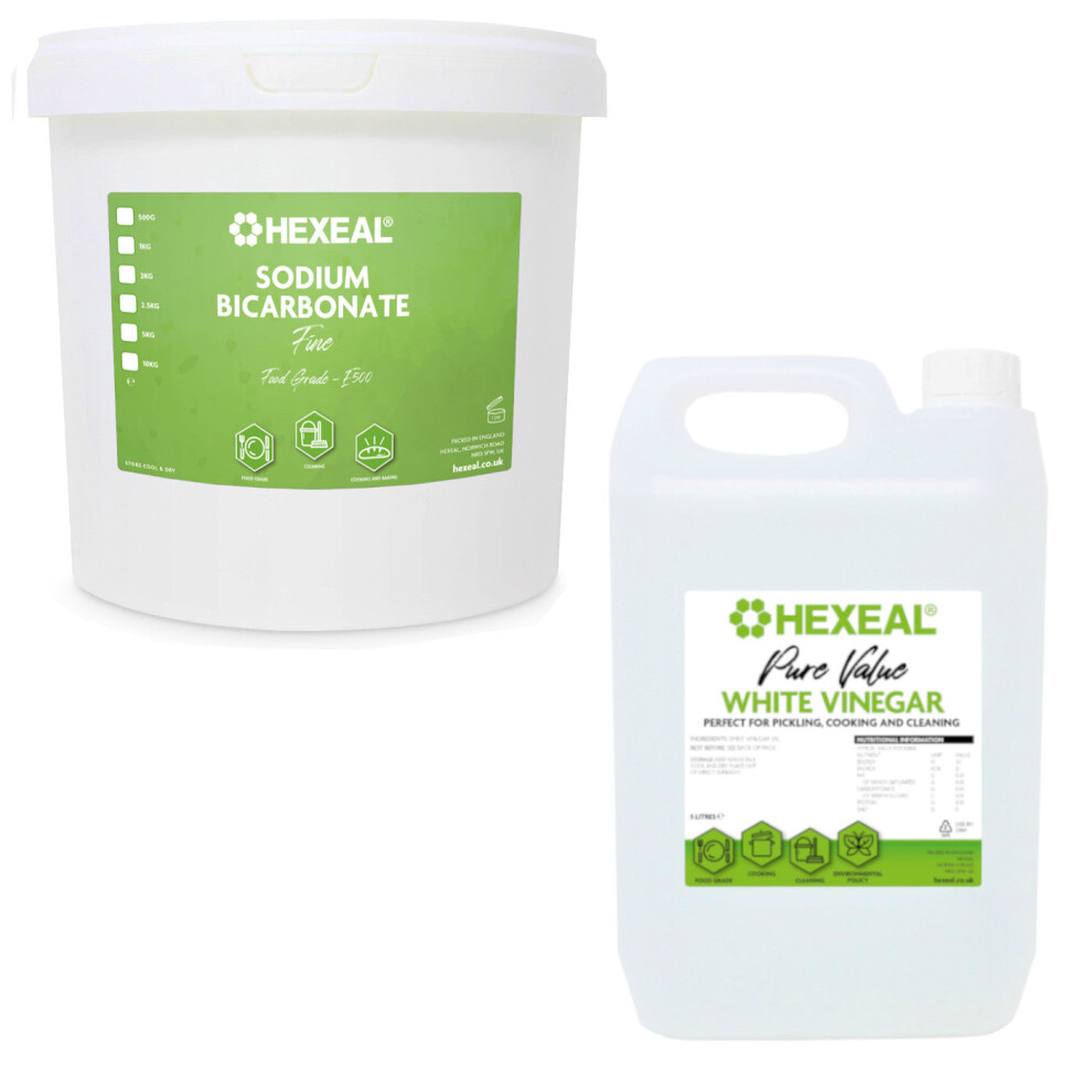 Hexeal Cleaning Kit  Pure Value White Vinegar 5L & Sodium Bicarbonate 1 x 5kg Bucket  Cleans Surfaces, Deodorises & Removes Grime