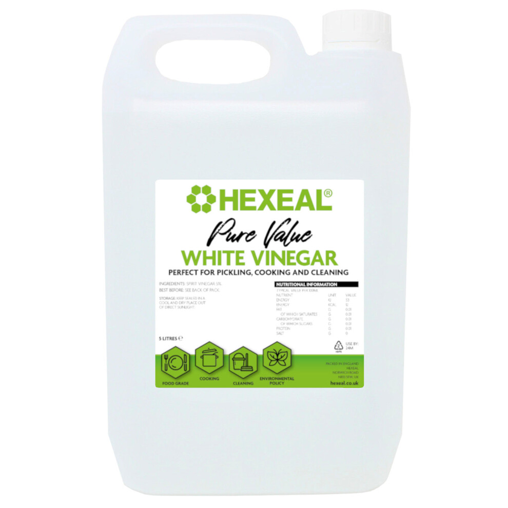 Hexeal Pure Value Vinegar 5L - 5L Of Food Grade Vinegar For Cooking, Cleaning, Pickling & Baking Cleans Surfaces, Deodorises & Removes G White